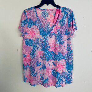 Lilly Pulitzer Etta V-Neck Pink Isle Snappy Turtle Top L